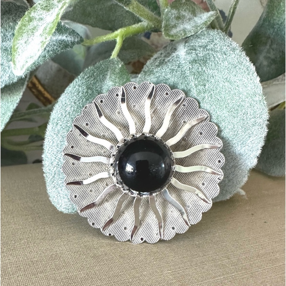 Vintage Sara Coventry Brooch Silver Tone And Black Art Deco Floral Brooch